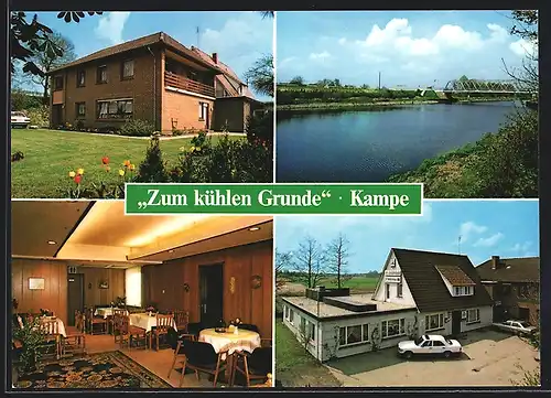 AK Friesoythe-Kampe, Hotel-Restaurant Zum kühlen Grunde mit Ansicht des Speisesaals, Flusspartie