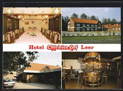 AK Leer /Ostfriesland, Hotel-Restaurant Ostfriesen-Hof mit Ansicht einer grossen Tafelrunde und der Bar