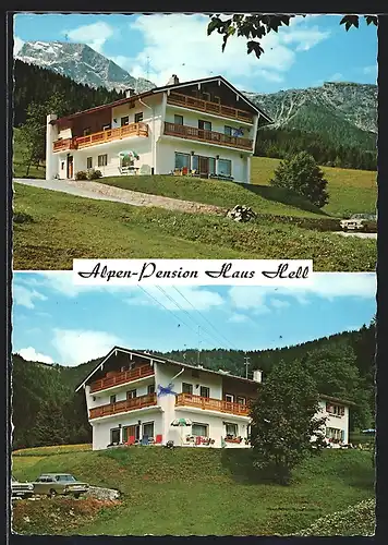 AK Berchtesgaden, Pension und Gasthaus Haus Hell gegen die Berglandschaft