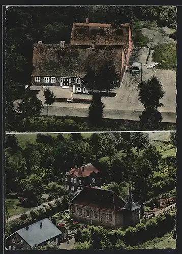 AK Kehdingbruch, Heinsohn`s Gasthof und Kirche aus der Vogelschau