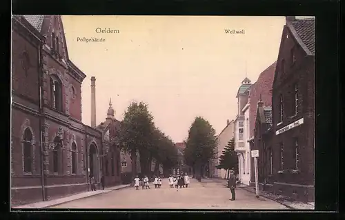 AK Geldern, Postgebäude und Strassenpartie am Westwall