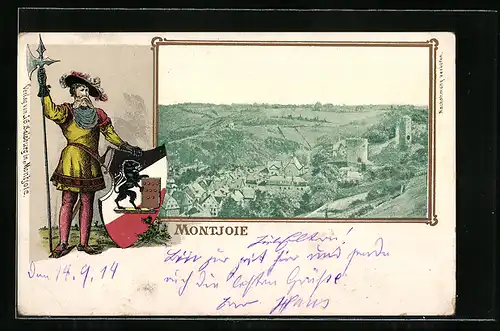 Passepartout-Lithographie Montjoie, Ortsansicht mit Burg, Ritter mit Wappen und Hellebarde