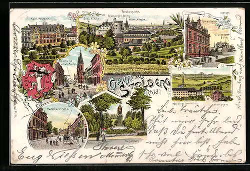 Lithographie Stolberg /Rhld., Totalansicht, Strassenpartie mit Sparkasse und Burg, Wappen