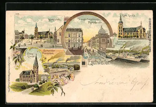 Lithographie Eschweiler, Evang. Kirche, Eschweiler Pumpchen, Eisenhütte Phönix, Kath. Kirche, Neugrabenstrasse