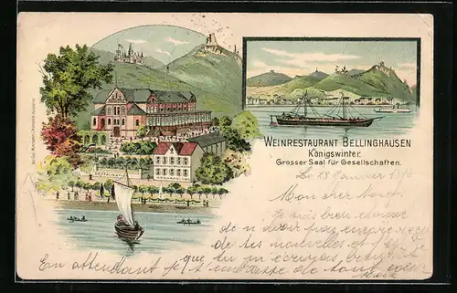 Lithographie Königswinter, Weinrestaurant Bellinghausen, Segelschiff vor dem Ort