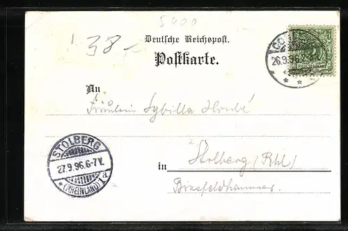 Lithographie Coblenz, Hotel zum alten Franziskaner, Goeben-Statue, Kaiser Wilhelm-Denkmal am deutschen Eck