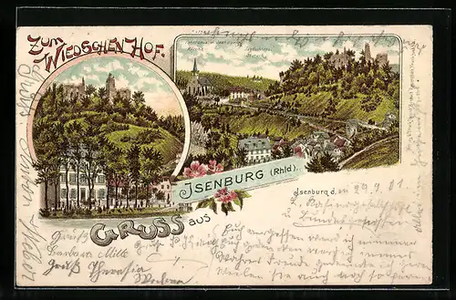 Lithographie Isenburg / Sayntal, Gasthaus zum Wiedschen Hof, Panorama mit Kirche und Jagdschloss Sayneck