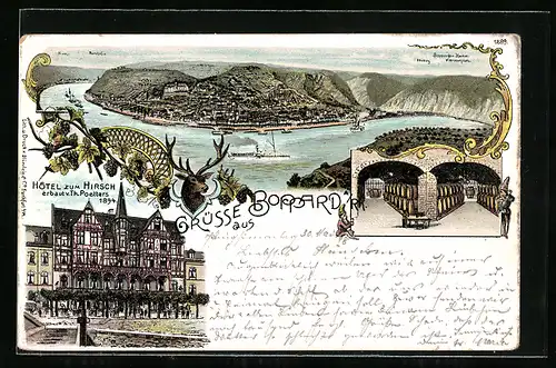 Lithographie Boppard a. Rh., Gesamtansicht aus der Vogelschau, Hotel zum Hirsch