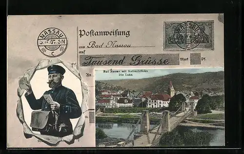 AK Bad Nassau, Kettenbrücke über der Lahn, Briefträger hinter zerrissenem Umschlag