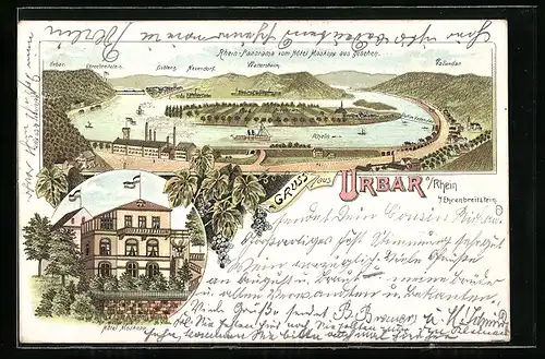 Lithographie Urbar a. Rhein, Hotel Moskopp, Rhein-Panorama mit Neuendorf, Waltersheim, Vallendar