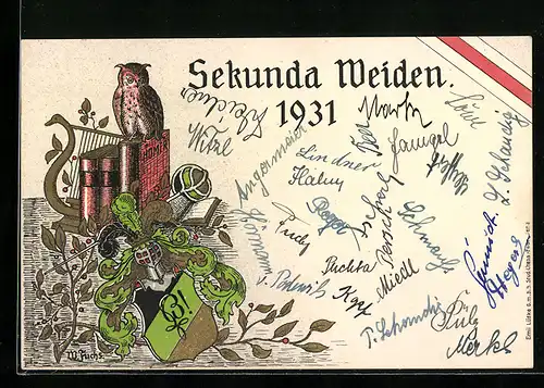 AK Weiden / Oberpfalz, Studentenwappen Sekunda 1931, Eule auf Büchern