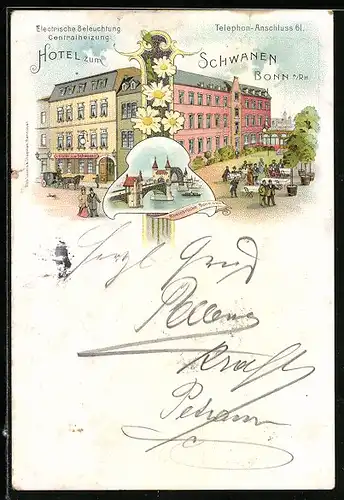Lithographie Bonn a. Rh., Hotel zum Schwanen, Rheinbrücke