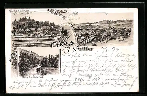 Lithographie Nuttlar, Gasthof Sauerwald, Ruhrtal, Ortsansicht