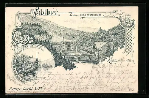 Lithographie Hagen / Westfalen, Gasthof Waldlust, Bes. Hugo Brackelsberg