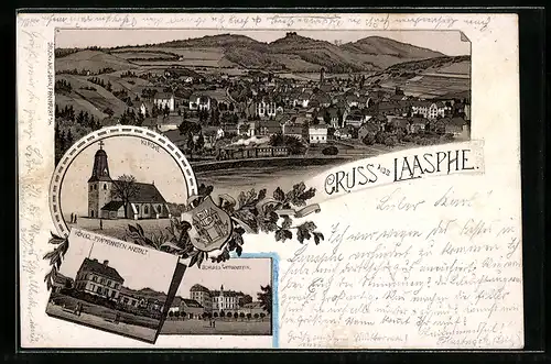 Vorläufer-Lithographie Laasphe, 1895, Königl. Präparanden-Anstalt, Schloss Wittgenstein, Kirche