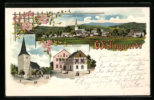 Lithographie Wiblingwerde, Restaurant W. Winkhaus, Kirche, Total-Ansicht