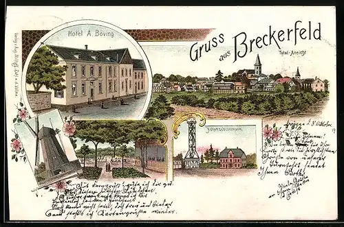 Lithographie Breckerfeld, Hotel A. Böving, Hohenzollernturm, Windmühle