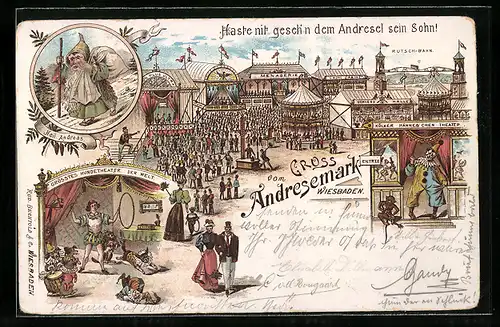 Lithographie Wiesbaden, Volksfest Andreasmark, Menagerie und Rutschbahn