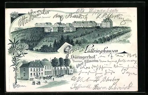 Lithographie Lüttringhausen / Remscheid, Gasthaus Düringerhof, Blick zur Anstalt Tannenhof