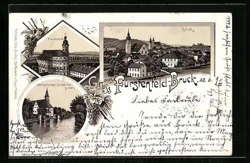 Lithographie Fürstenfeld-Bruck, Pfarrkkirche von der Brücke gesehen, Kirche in Fürstenfeld, Teilansicht von Bruck