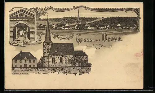 Lithographie Drove, Drover Burg, Kirche u. Pfarrhaus