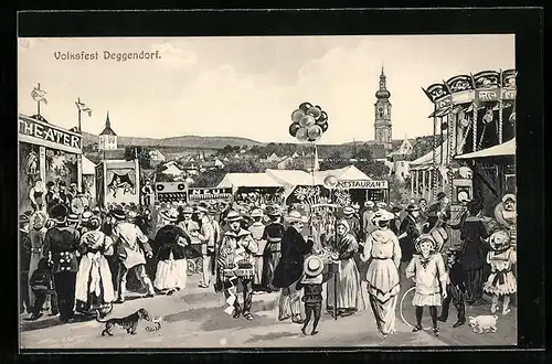 Künstler-AK Deggendorf, Restaurant und Theater auf dem Volksfest