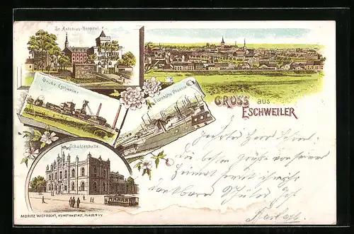 Lithographie Eschweiler, Gasthof Schützenhalle, Eisenhütte Phoenix, St. Antonius-Hospital