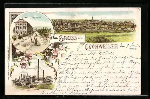 Lithographie Eschweiler, Rosenallee, Concordia Fabrikanlagen, Panorama
