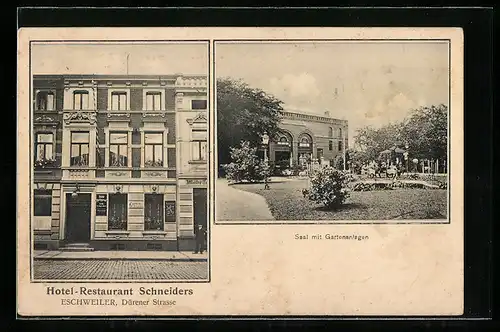 AK Eschweiler, Hotel-Restaurant Schneiders, Dürener Strasse, Saal mit Gartenanlagen