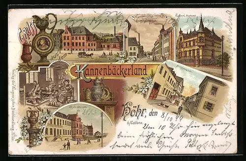 Lithographie Höhr, Keramische Fachschule, Bahnhofstrasse, Kaiserl. Postamt, Bergstrasse, Rheinstrasse