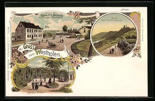 Lithographie Westhofen / Schwerte, Gasthof L. Weiberg am Bahnhof, Hohensyburg, Gartenanlagen