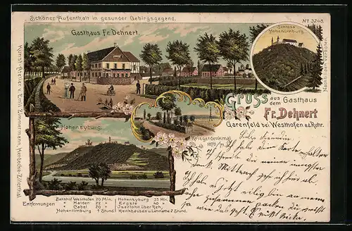 Lithographie Garenfeld b. Westhofen a. d. Ruhr, Gasthaus Fr. Dehnert, Hohensyburg, Schloss Hohenlimburg