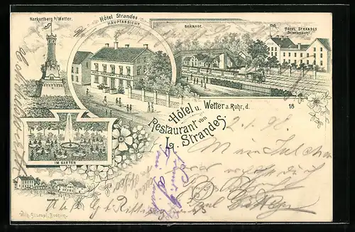 Lithographie Wetter a. Ruhr, Hotel Strandes, Bahnhof, Harkortberg