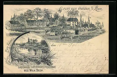 Lithographie Halden a. d. Lenne, Gasthaus, Luftkurort u. Pensionat, Bes. Wilh. Seck, Dampfzug