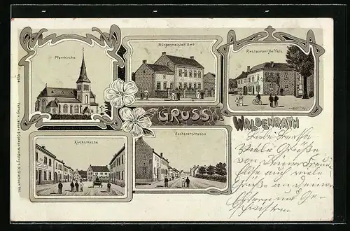Lithographie Waldenrath, Restaurant Heffels, Pfarrkirche, Bürgermeister-Amt