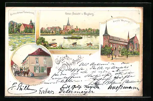 Lithographie Wegberg, Restaurant zur Post v. J. Ritter, Kirche, Ruine u. Schloss Tüschenbroich