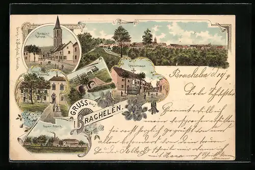 Lithographie Brachelen, Papierfabrik, Kirche mit Rathaus, Schloss Blumenthal