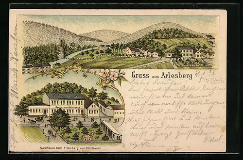 Lithographie Arlesberg / Geratal, Gasthaus Otto Busch, Ortsansicht