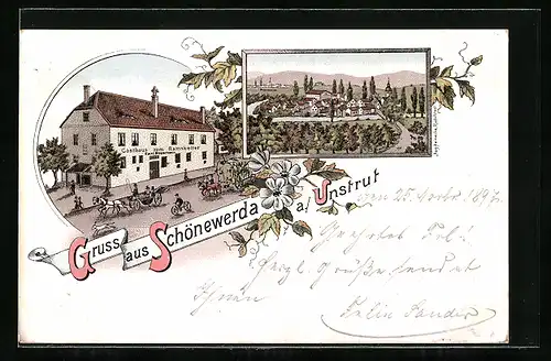 Lithographie Schönewerda a. Unstrut, Gasthaus zum Rathskeller v. Carl Rossmann, Ortsansicht