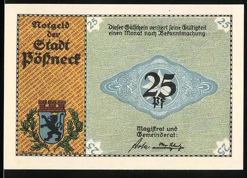 Notgeld Pössneck, 25 Pfennig, Alte Gerberhäuser, Stadtwappen
