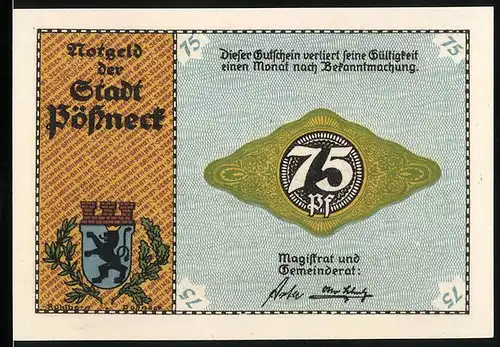 Notgeld Pössneck, 75 Pfennig, Fabriken, Stadtwappen