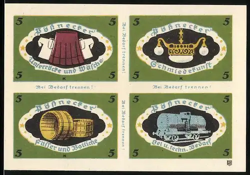 Notgeld Pössneck, 20 Pfennig, Unterröcke und Wäsche, Schmiedekunst, Fässer und Bottiche