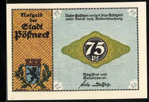 Notgeld Pössneck, 75 Pfennig, Mann am Webstuhl, Stadtwappen