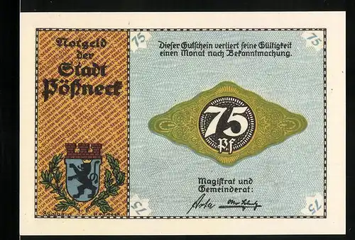 Notgeld Pössneck, 75 Pfennig, Frau an der Webmaschine, Stadtwappen