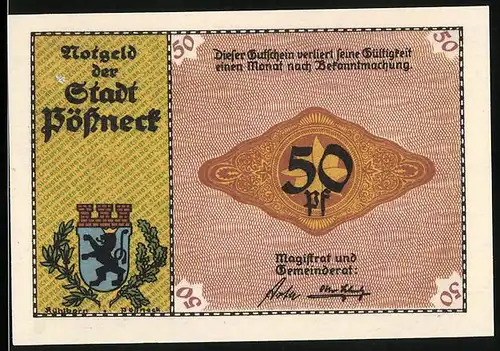 Notgeld Pössneck, 50 Pfennig, Kakaomühlen, Stadtwappen