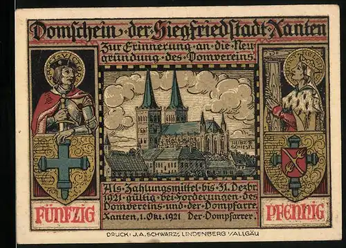 Notgeld Xanten 1921, 50 Pfennig, Blick zum Dom, Wappen