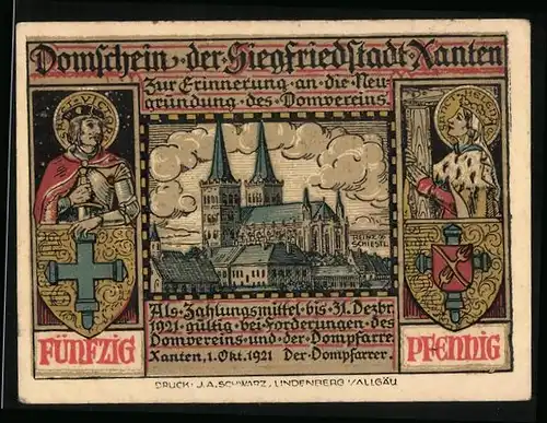 Notgeld Xanten 1921, 50 Pfennig, Blick zum Dom, Wappen