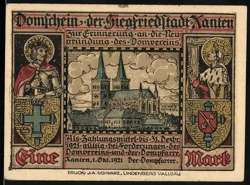 Notgeld Xanten 1921, 1 Mark, Blick zum Dom, Sanct Victor u. Sanct Helen mit Wappen