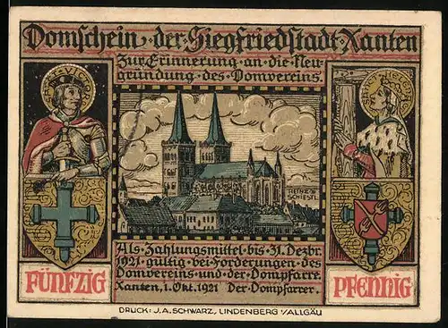 Notgeld Xanten 1921, 50 Pfennig, Blick zum Dom, Sanct Victor u. Sanct Helen mit Wappen