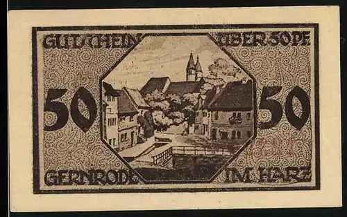 Notgeld Gernrode im Harz 1921, 50 Pfennig, Ortspartie mit Kirche